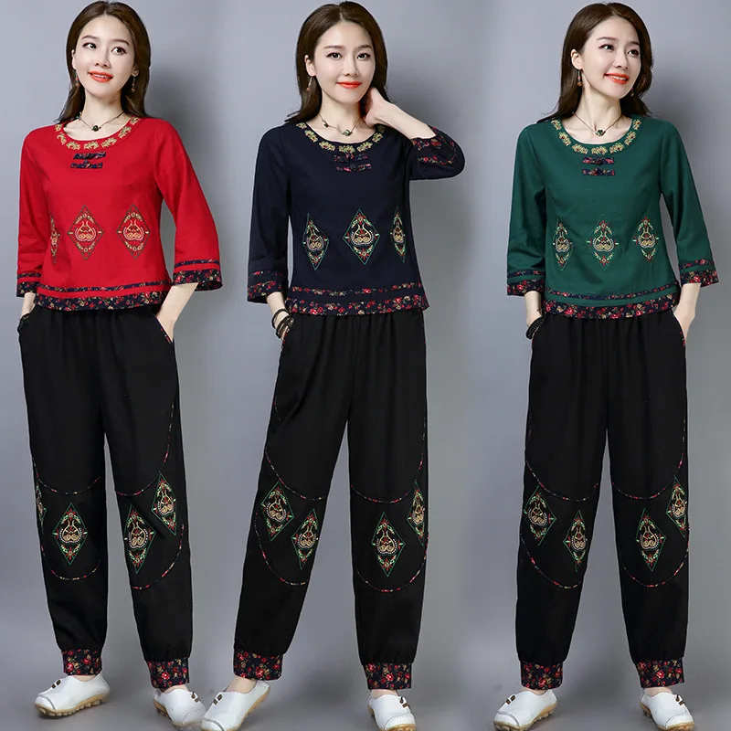 

2019 New Style Ethnic-Style WOMEN'S Dress Retro Cotton Linen Embroidery Mixed Colors Tops Women's + Loose Pants Set