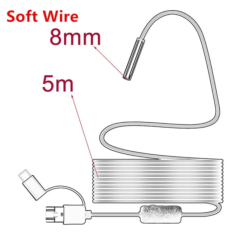 5m soft wire IP68 1200P Android 8 мм, Micro-USB Тип с портом типа c 3-в-1 электронный эндоскоп бороскоп трубка Водонепроницаемый USB инспекции Спортивная мини-видеокамера на Камера - Цвет: 5m soft wire