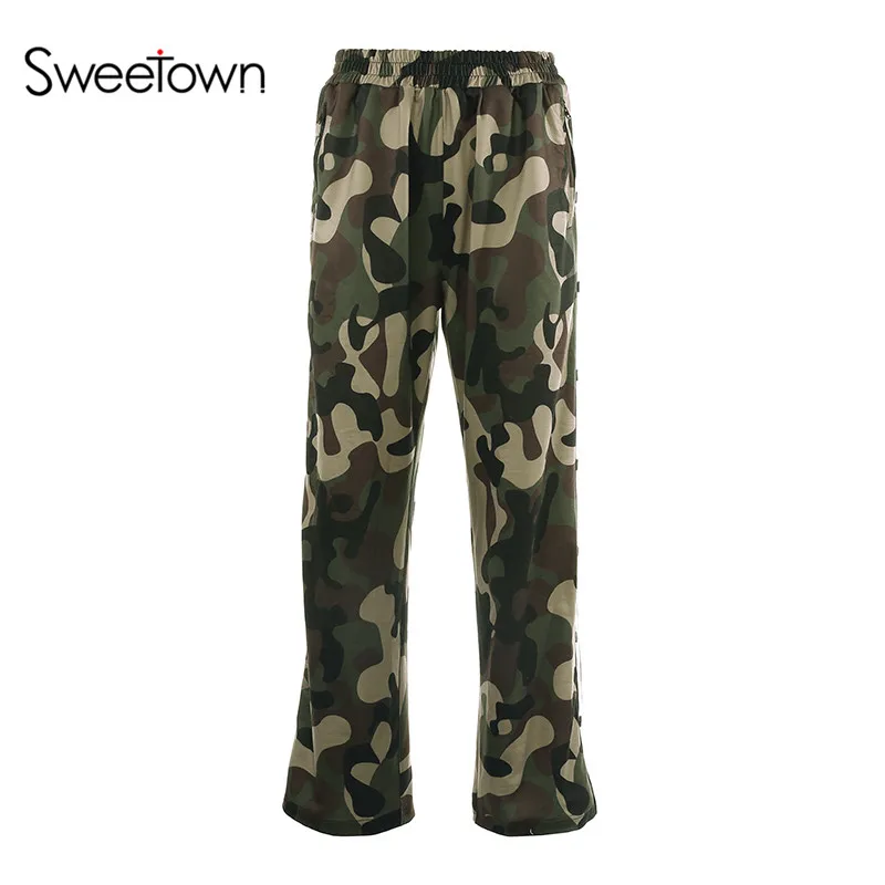as picture Sweetown, модная повседневная камуфляжная Женская одежда для бега, спортивные штаны, с пуговицами сбоку, мешковатые прямые брюки-карго, уличная одежда - Цвет: as picture