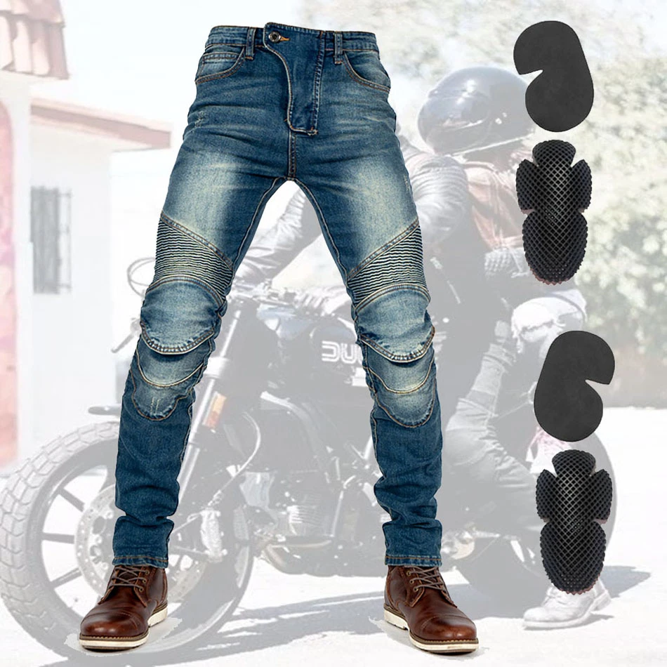 Pantalones vaqueros elásticos con rodilleras para hombre, ajustados de cintura media alta para motociclista, color negro, novedad| Pantalones| - AliExpress