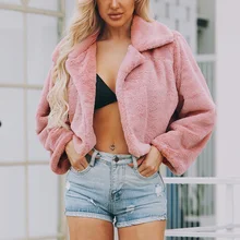 Модное повседневное женское пальто из искусственного меха, осенне-зимняя куртка на молнии, пальто размера плюс, верхняя одежда с длинным рукавом, Короткое женское пальто с отложным воротником