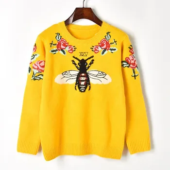 

Yellow Luxury Flower Embroidered Sweaters 2019 New Women Bee Brand Knitting Tops Fashion Round Collar Warm Jumpers Pullovers