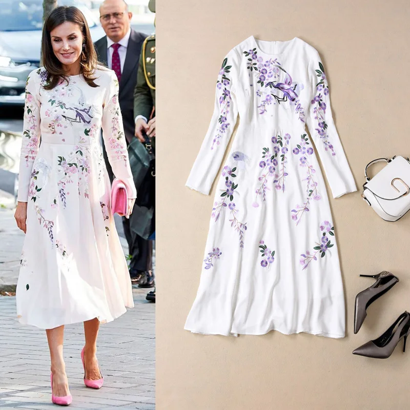 Lange Jurk Hoge Kwaliteit Nieuwe Damesmode Office Party Casual Vintage Elegante Chic Gentlewoman Borduren Print Witte Jurken Lange Jurk Hoge Kwaliteit Nieuwe Damesmode Office Party Casual Vintage Elegante Chic Gentlewoman Borduren Print Witte Jurken
