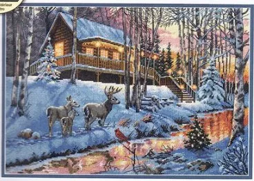 

Gold Collection Counted Cross Stitch Kit Winter Cabin Chalet Hut Snow Deer and River Brook Creek dim 08976