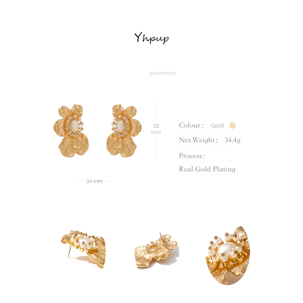 Yhpup Brand Imitation Pearls Stud Earrings Zinc Alloy Flower Plant Earrings Temperament Charm Metal Jewelry for Female Party