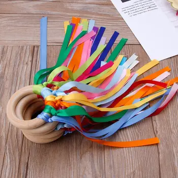 

Handmade Rainbow Natural Wooden Ribbon Ring Baby Teether Newborn Sensory Toy Baby Shower Gift Chew Toy
