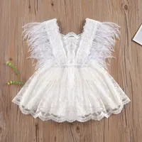 Princess Infant Baby Girls Lace Embroidery Romper Dress Sweet Baby Feathers Fly Sleeve Backless White Jumpsuit Summer Romper 3