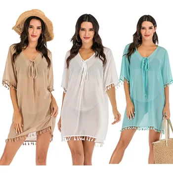 

Womens Lady Summer Chiffon Short Sleeve Swimsuit Beach Cover Up Tassel Dress 2020 Dresses For Lady Платье