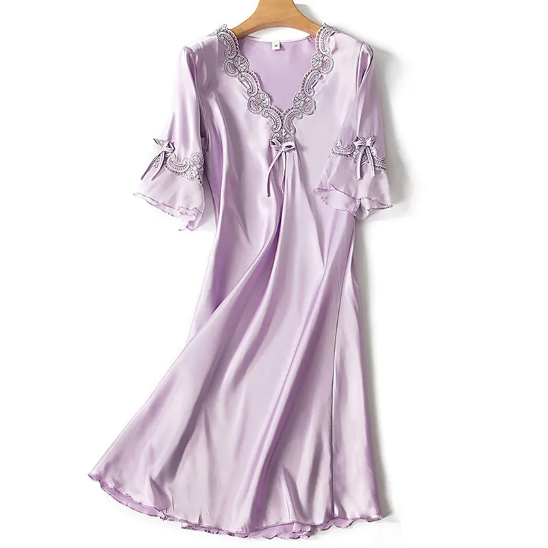 Одежда для сна с v-образным вырезом ночная рубашка версия Ice Silk с Коротким Рукавом Кружевная юбка Ночная сексуальная пижама женское шелковое белье платье для сна