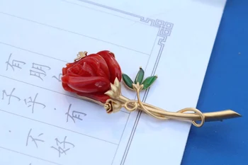 

Fine Brooches Fine Jewelry Pure 18 K Gold Jewelry 100% Natural Red Coral Brooch Japan Origin For Women Fine Brooches
