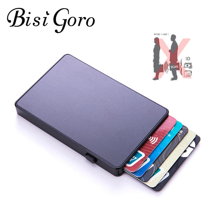 Barato BISI GORO-cartera inteligente antirrobo de aluminio, billetera delgada RFID, a la moda, con botón emergente, tarjetero, funda de Tarjeta De Nombre, novedad 73oqbL7BO