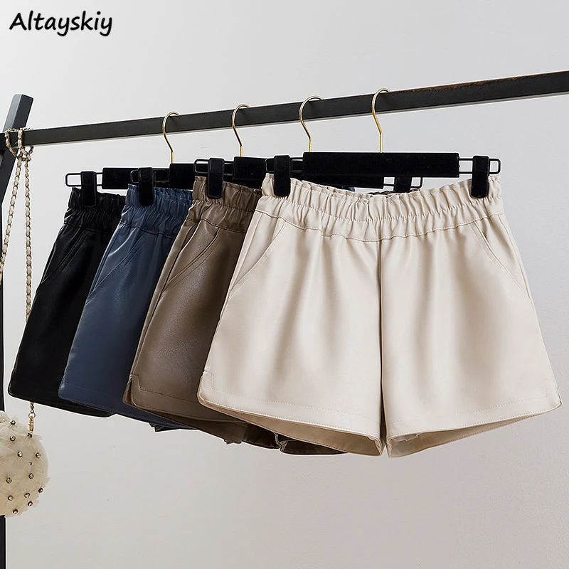 Pantalones cortos de cuero PU para mujer, Shorts sexys, a la moda, elásticos, cintura alta con abertura lateral, elegantes, de pierna ancha, informales, sueltos, de combinar, populares|Pantalones cortos| - AliExpress