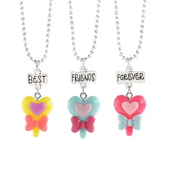 

3pcs Resin Necklace Best Friends Forever Bowknot Heart Lollipop Shape Friendship Necklace Pendant for Friends