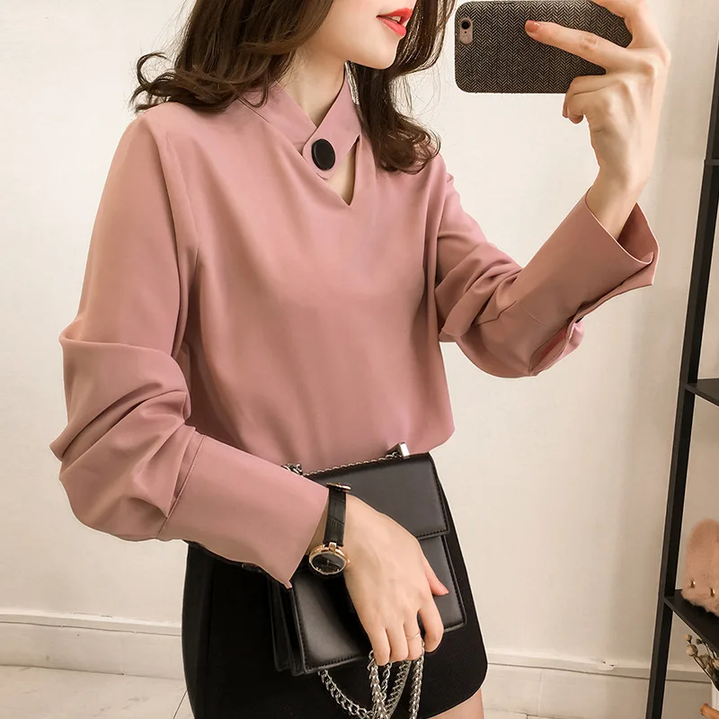 

M-4xl Hollow out V-neck Chiffon Blouse women Shirt 2019 Spring And Autumn Fashion Long Sleeve Blusas Mujer De Moda Casual Tops