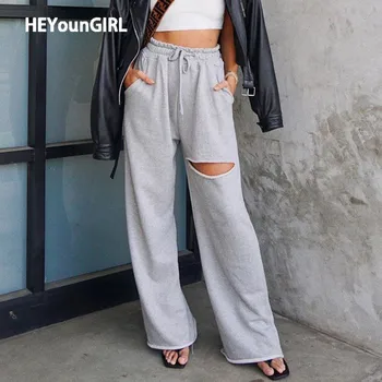 

HEYounGIRL Casual Loose Long Trousers Ladies Holes Elastic High Waist Pants Women Fashion Gray Straight Sweatpants Streetwear