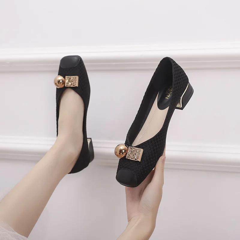 Small Square Head Shallow Mouth Single Shoes Women 2022 Spring Thick Heel Square Round Metal Buckle All-match Shoes