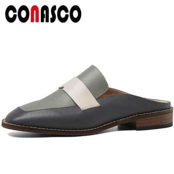 

CONASCO Concise Retro Casual 2020 Summer New Genuine Leather Women Sandals Mules Slippers Mixed Colors Flat With Shoes Woman