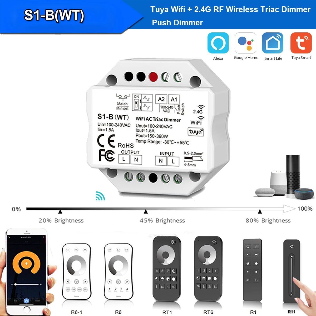 Ac 110v220v Tuya Wifi S1b (wt) Triac Led Wireless Rf Dimmer Push