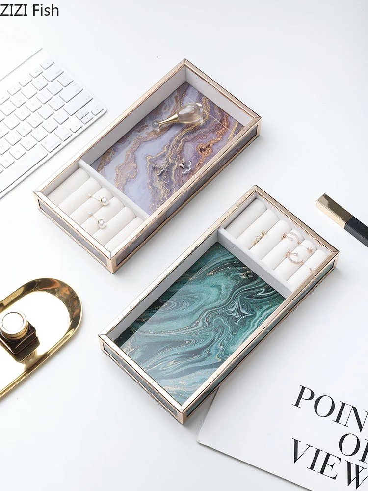 Nordic Storage Stainless Steel Tray Gold Pastel Printed Agate Glass Plate Columns Plates Cosmetic Jewelry Necklace Display | Дом и сад
