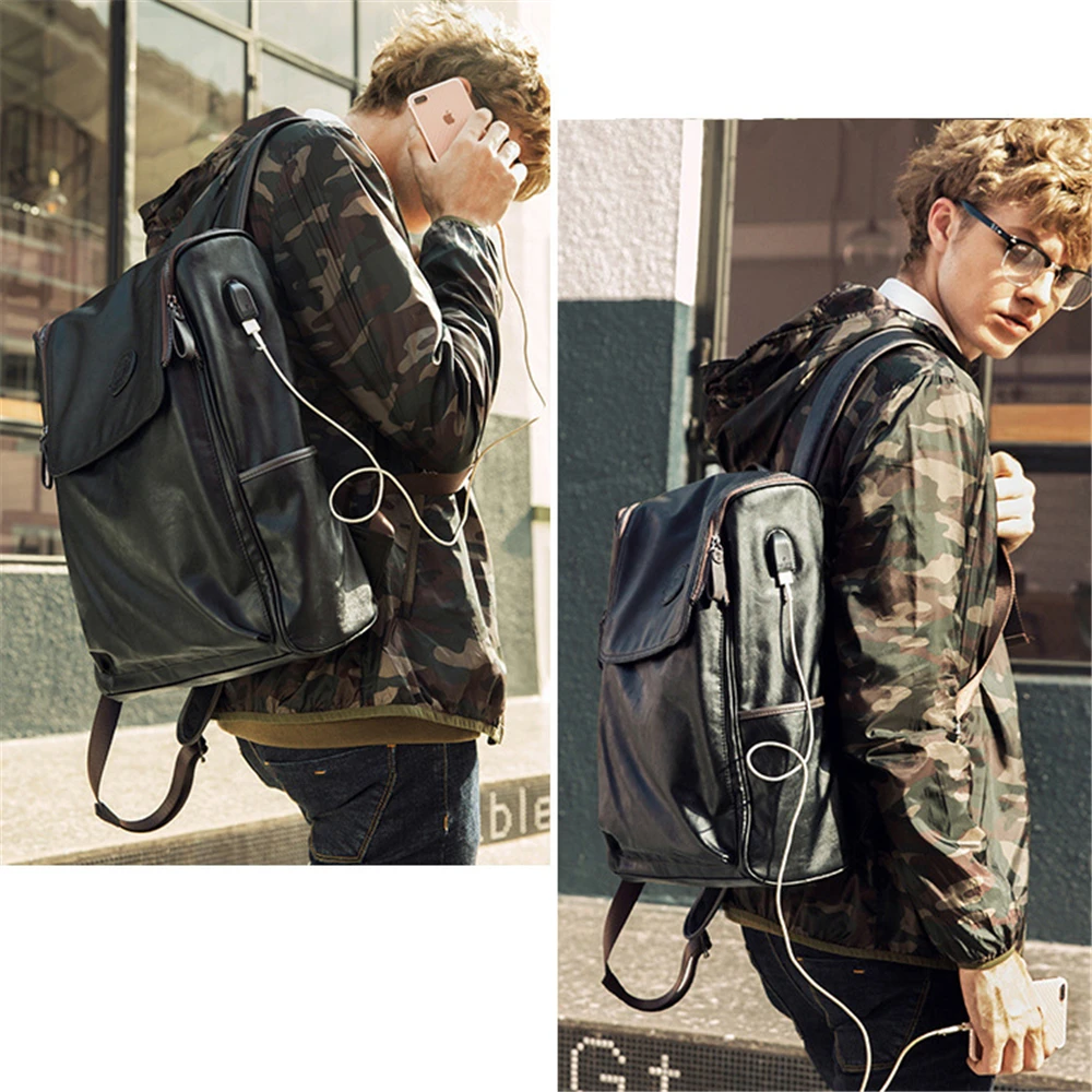 Genuine Leather Men Backpack USB Laptop Bag Flap-cover Weekend Travel Knapsack for Male Teenagers Women Zipper Notebook Bags