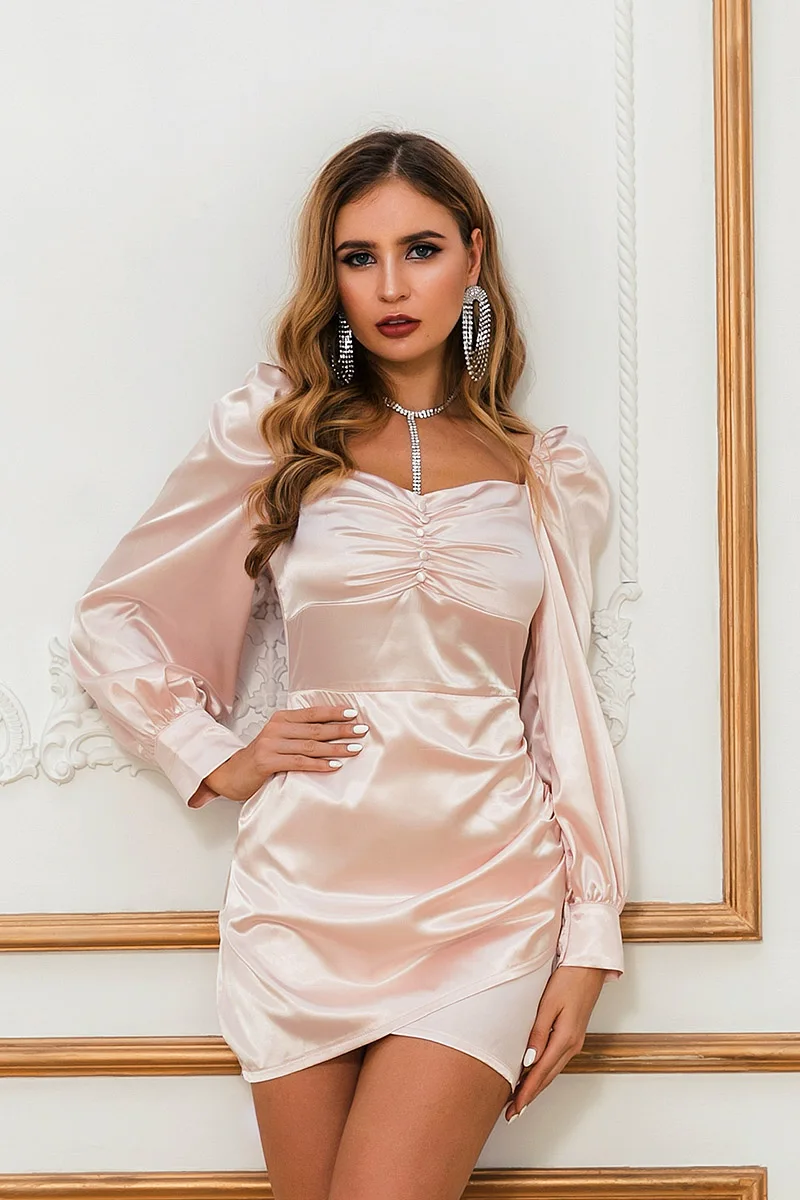 Glamaker, сатиновое сексуальное облегающее Мини Короткое платье, Женское зимнее длинное вечернее платье с пышными рукавами, Осеннее элегантное женское платье для ночного клуба