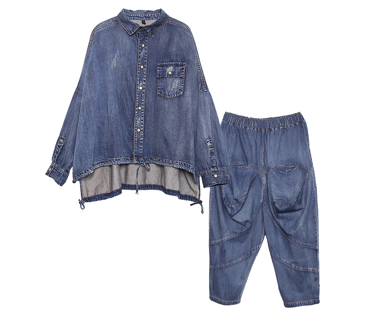 Spring Women Two Piece Outfits Jean Blouse Tops and Harem Trousers Sets Causal Shirts Denim Trousers Female Tracksuits AA280S30