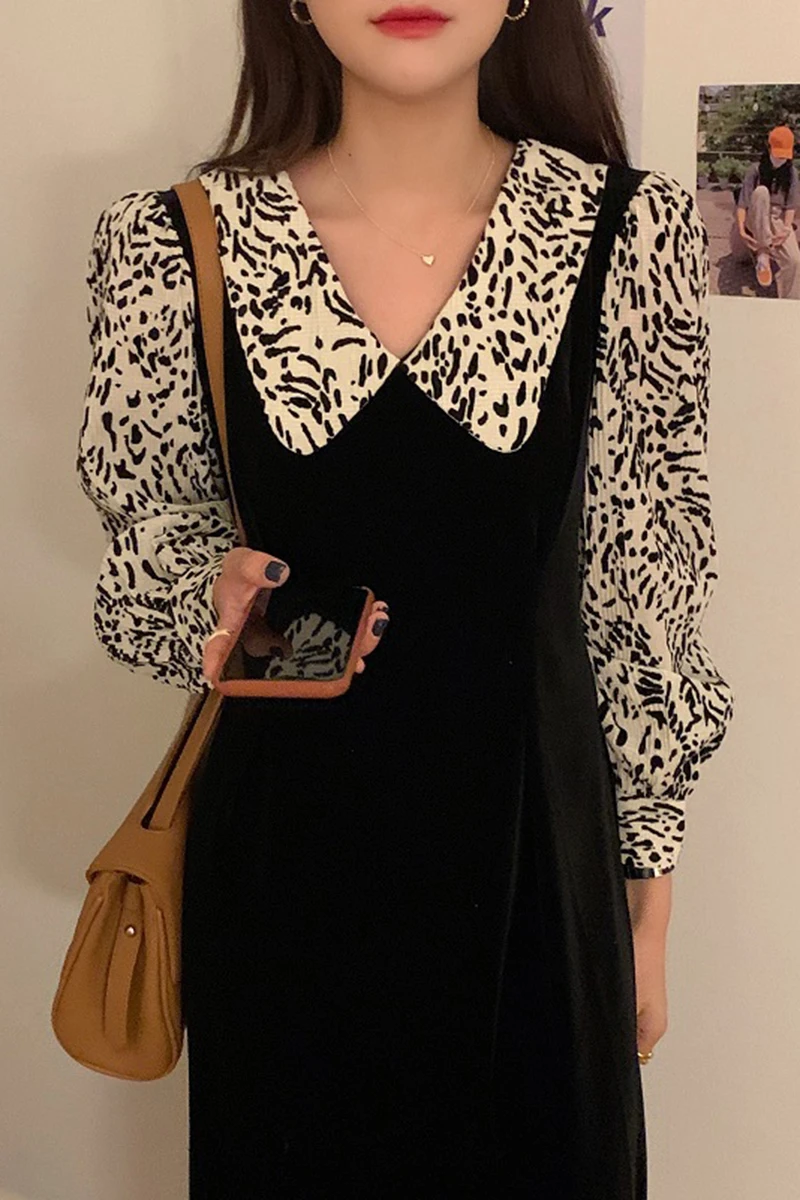 

Women's new dress Korean autumn retro doll collar leopard stitching fake two pieces show thin waist velvet dress long skirt
