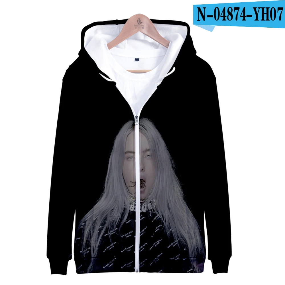 Billie Eilish 3D Толстовка для женщин и девочек; детская толстовка с капюшоном; куртка на молнии; пальто; одежда; Oveisized; одежда - Цвет: 08