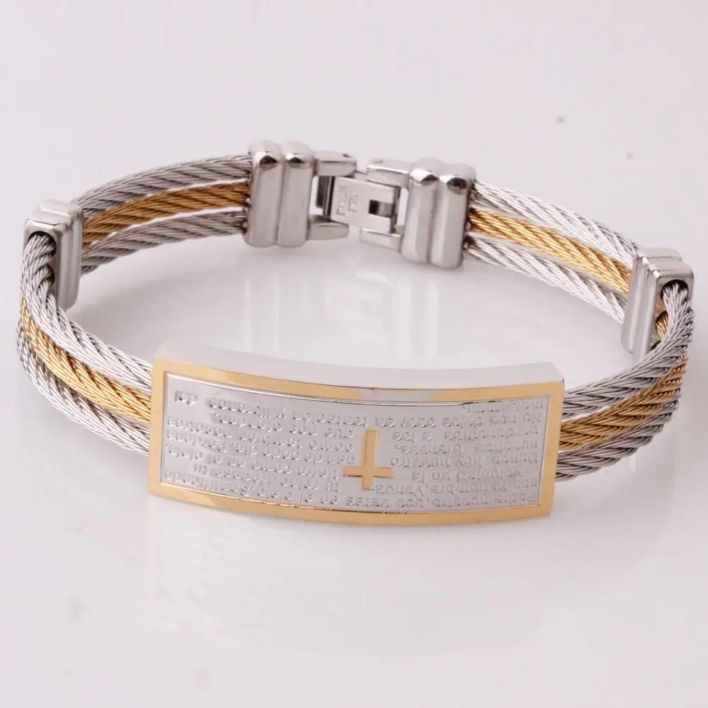 Punk 3Rows Wire Chain Stainless Steel Bracelet For Men Bangle Engraved Cross Bible Religion Christ Prayer Male Women Jewelry