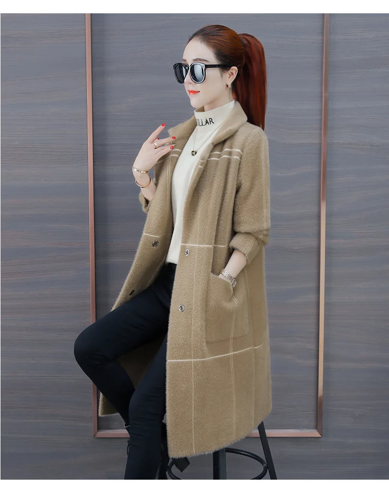 Корейский весенний осенний женский свитер из искусственного меха с длинным рукавом, Женский Длинный свободный кардиган в клетку с отложным воротником