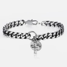 Davieslee крест Круглый браслет с подвесками для мужчин панцирная кубинская цепь нержавеющая сталь Gunmetal 8 мм мужские модные ID браслеты LDB263