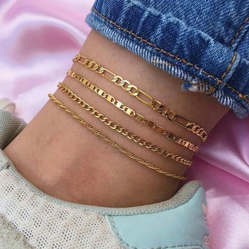 4PCS/Set Punk Figaro Chian Anklets For Women 2020 Simple Gold Silver Color Geometric Chain Ankle Bracelet on Leg Foot Jewelry 4PCS/Set Punk Figaro Chian Anklets For Women 2020 Simple Gold Silver Color Geometric Chain Ankle Bracelet on Leg Foot Jewelry