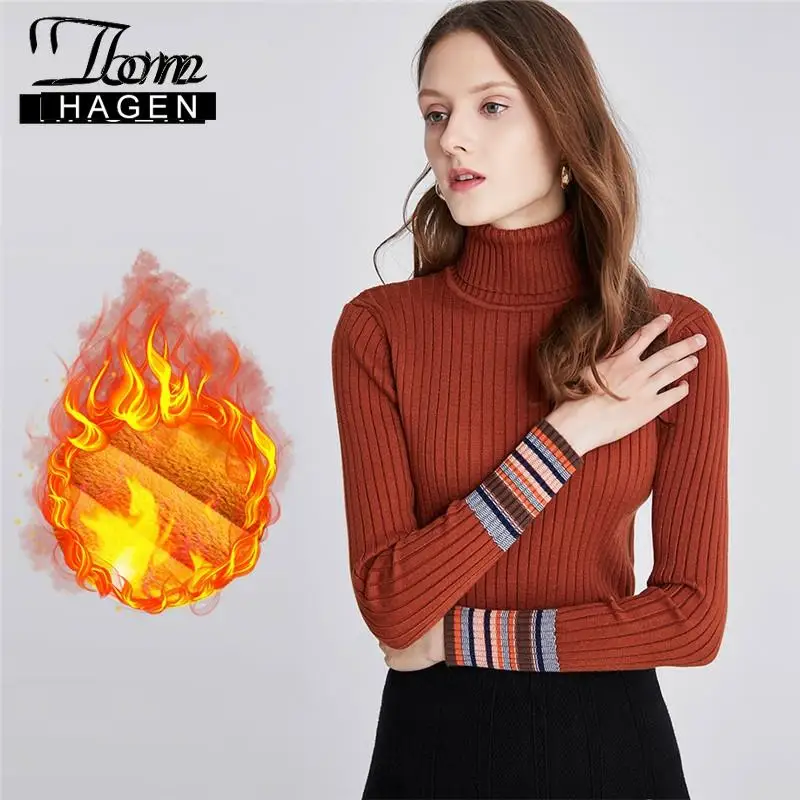 Winter Women's Sweater Korean Knitted High Neck Striped Warm Long Sleeve Black Pullover Turtleneck Velvet Thicken Jumper | Женская