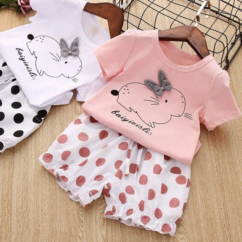 

2Pcs/set Summer Baby Girls Animal Rabbit Print Pattern Short Sleeve T-shirt+Dot Shorts Suits