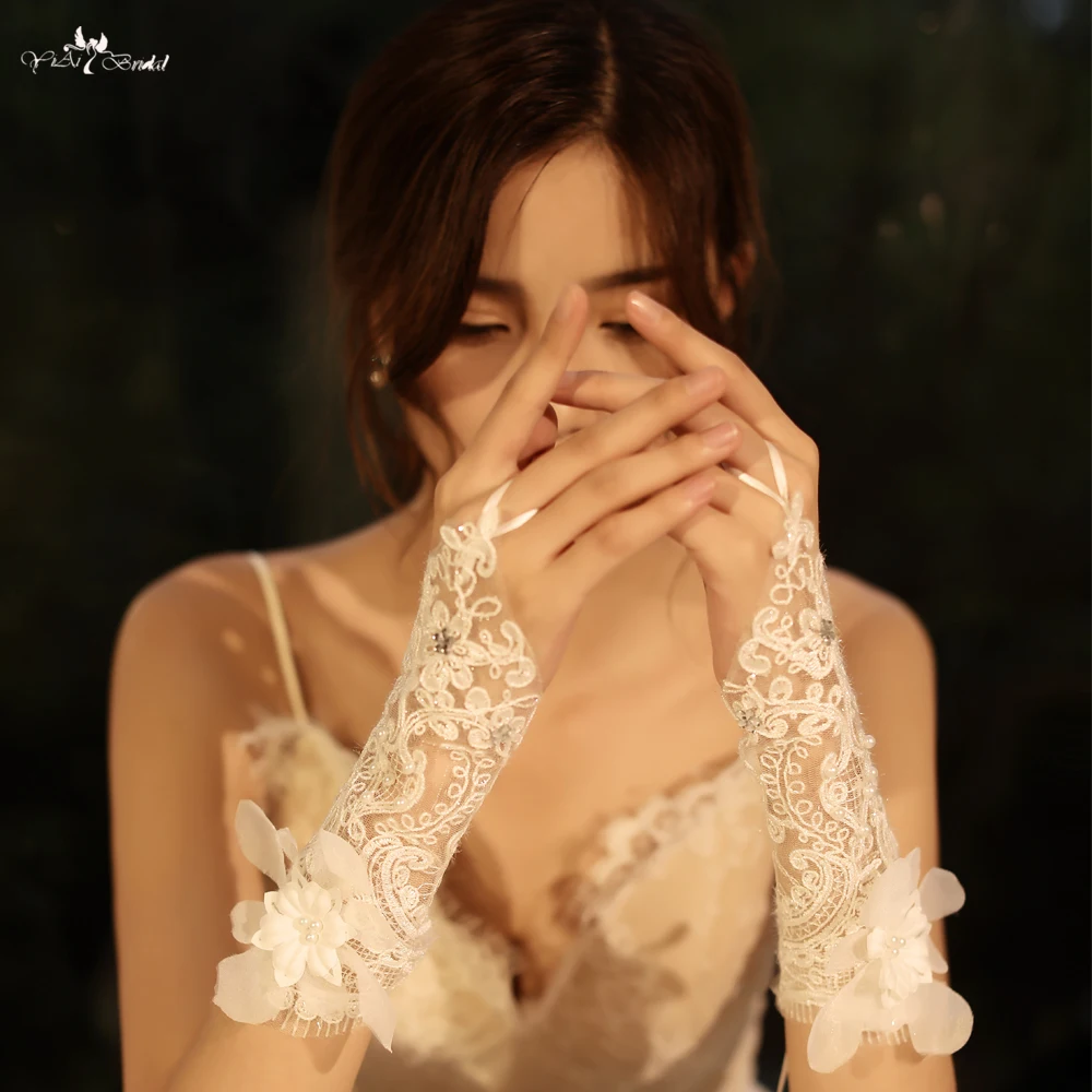LZP533 Yiaibridal Свадебные аксессуары модные кружевные короткие свадебные перчатки с объемными цветами без пальцев
