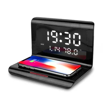 

Electric LED Alarm Clock with Phone 10W Wireless Charger Table Desktop Digital Thermometer Clock with Date 12/24 h Switch