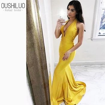 

Mermaid Yellow Formal Evening Dress Elegant Deep V Neck Sweep Train Backless Satin Fishtail Party Maxi Dresses