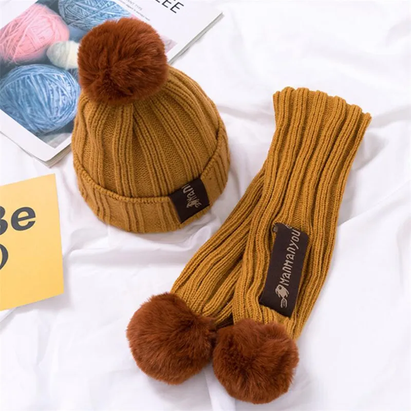 Kids Winter Warm Hat And Scarf Child Ribbed Knitted Pom Pom Cap Scarves 2 Piece Set Baby Girl Boys Accessories 6-36 month