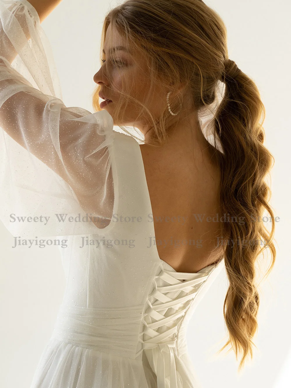 Jiayigong Glitter Tulle Wedding Dresses Women's Boho Bridal Gowns Long Sleeves V Neck Pleat Lace-up Corset  Dress 2022 2