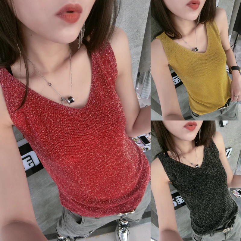 

Europe Sexy V-Neck Bright Wire Tank Tops Women Solid Thin Fashion Sleeveless Tees Casual Streetwear Original OL Tops 45-65KG