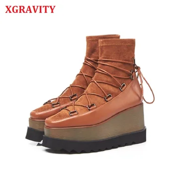 

XGRAVITY 2020 Spring Autumn Fashion High Heel Wedge Boots ELegant Genuine Leather Square Toe Women Shoes Comfortable Lady Shoes