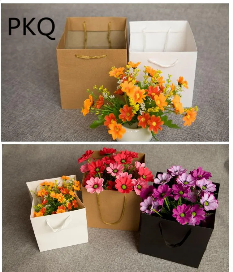 

20pcs 15*15*15cm/10*10*10cm Square Kraft Paper Box Wide Bottom Cardboard Handle Box For Packaging Fruit Flower Bonsai Gift Bag