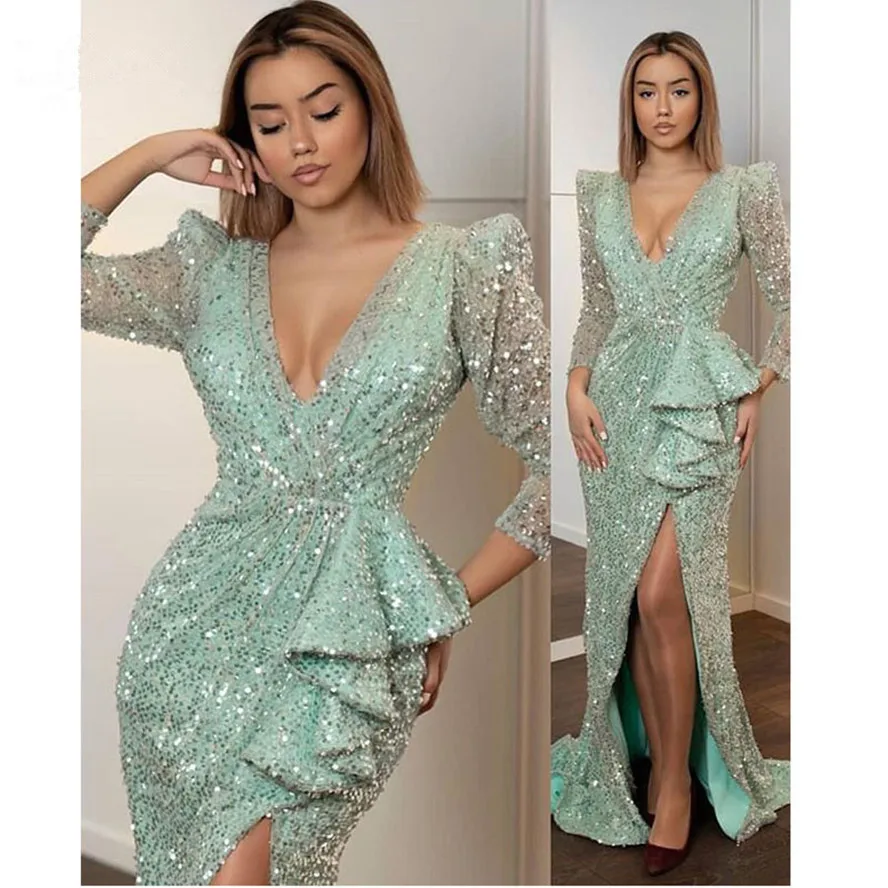 satin prom dress Sexy Mint green Sequined Prom Dresses High Side Split Formal Dress Full Sleeves Long Mermaid Prom Gown Abendkleider green prom dress