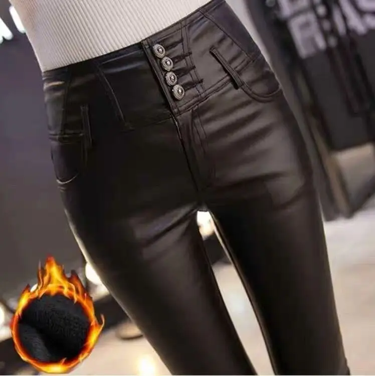 Leather Pants Women's Female Winter High Waisted Pants 2019 New Women's PU Skinny Velvet Slim Stretch Leather Pencil Pantalons