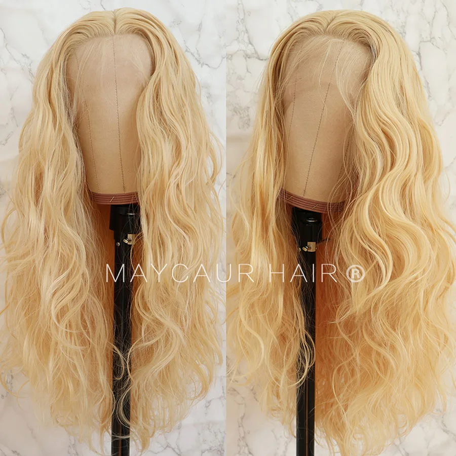 Maycaur Loose Wavy Blonde Color Lace Front Wig with Baby Hair Free Part Glueless Synthetic Lace Front Wigs for Bla (1)