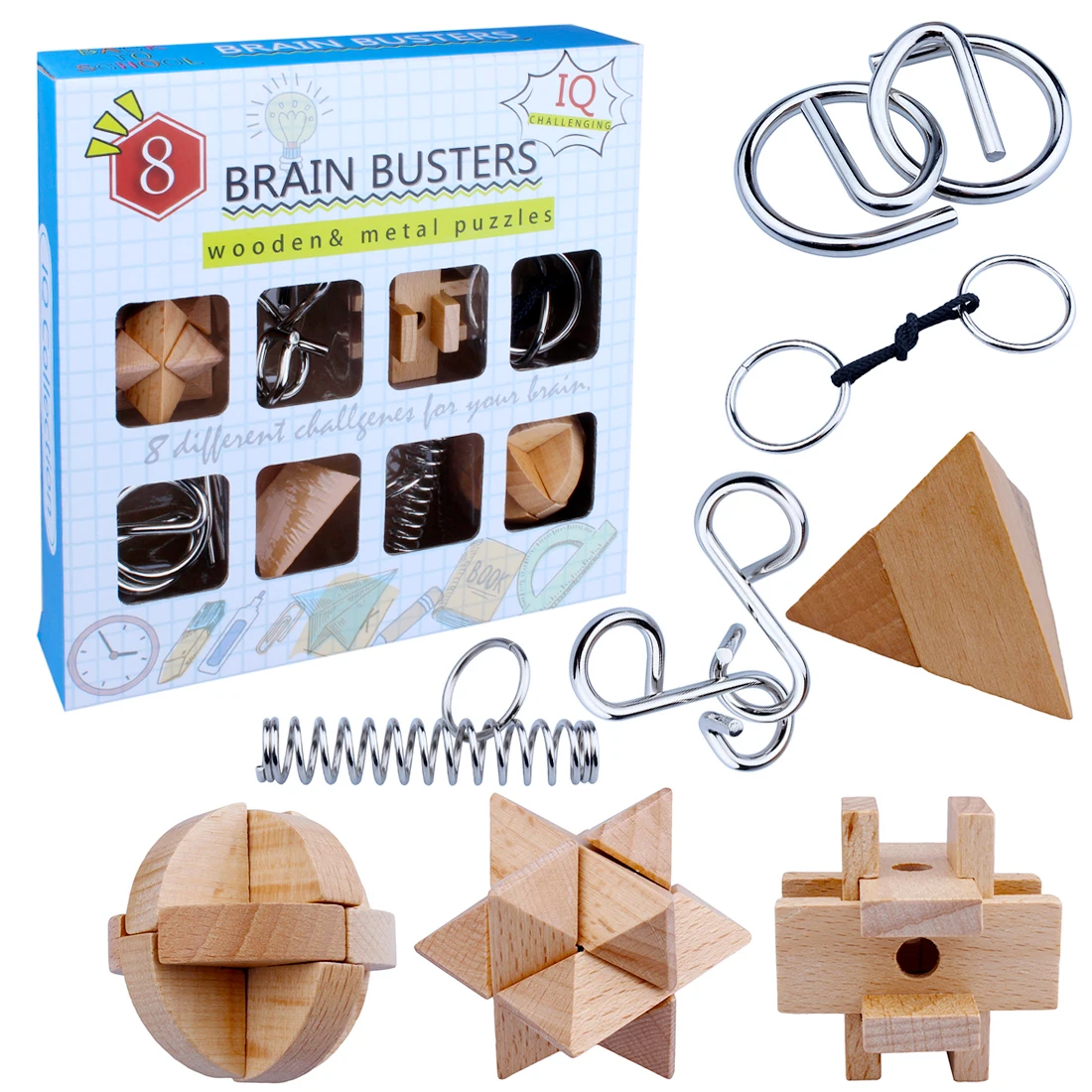 

8Pcs/Set Intelligence Buckle Puzzle Luban Lock Set Children Development And Education Toy -Metal Wooden Mixed English Version