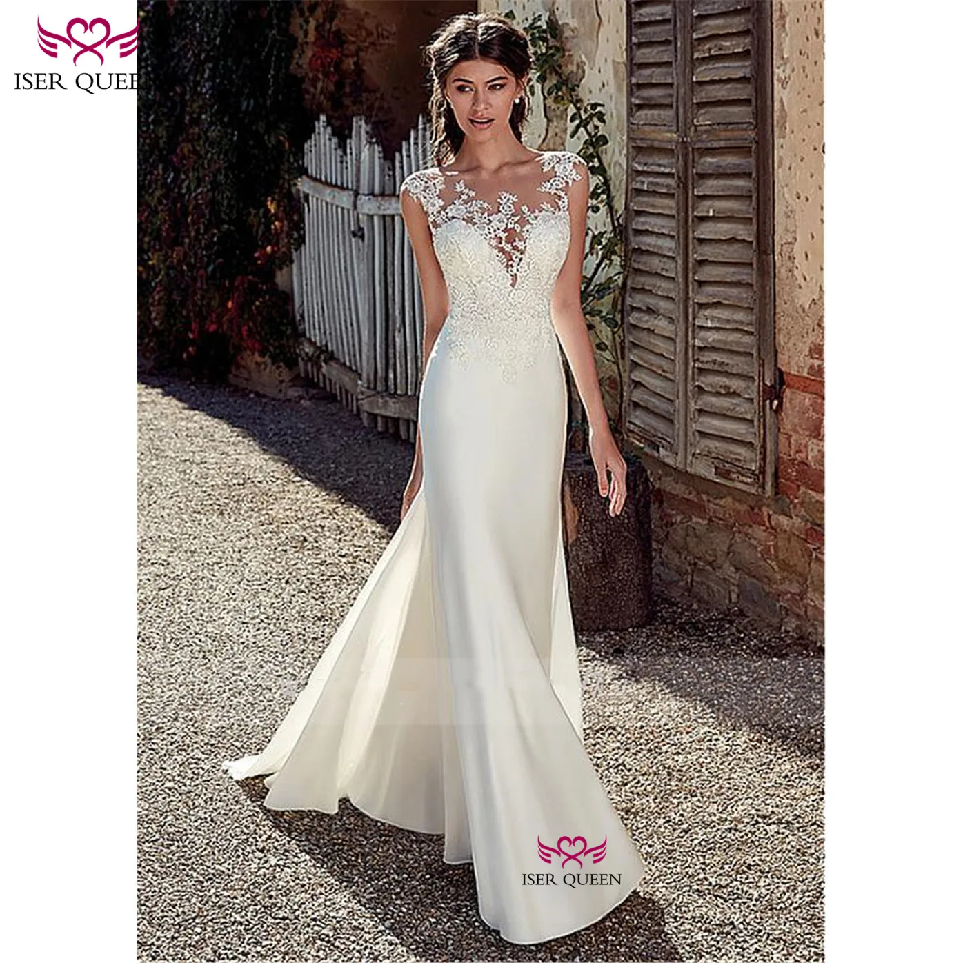 

2019 Europe Style Dress Embroidery Lustrous Satin Deep V-neckline Vestido De Noiva Ivory Back Design of Button Illusion w0517