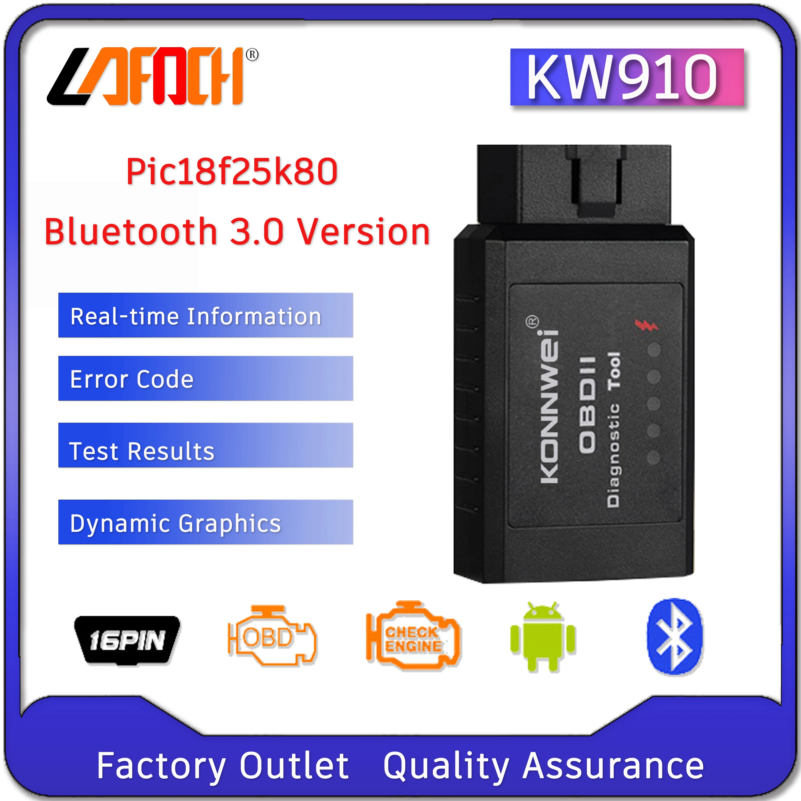 Диагностический сканер LAFOCH OBDII KW910 ELM327 автомобильный инструмент Pic18f25k80 Bluetooth 3 0