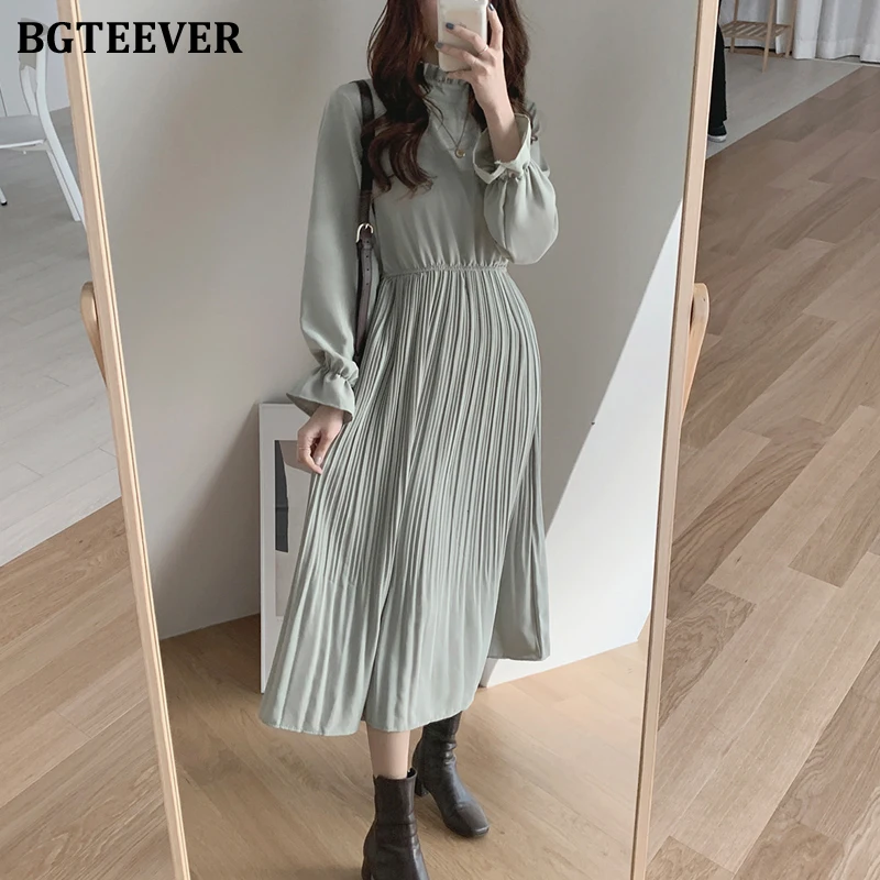 BGTEEVER Elegant Stand Collar Flare Sleeve Women A-line Dress Chiffon Midi Dress Female Elastic Waist Pleated Vestidos 2020 BGTEEVER Elegant Stand Collar Flare Sleeve Women A-line Dress Chiffon Midi Dress Female Elastic Waist Pleated Vestidos 2020