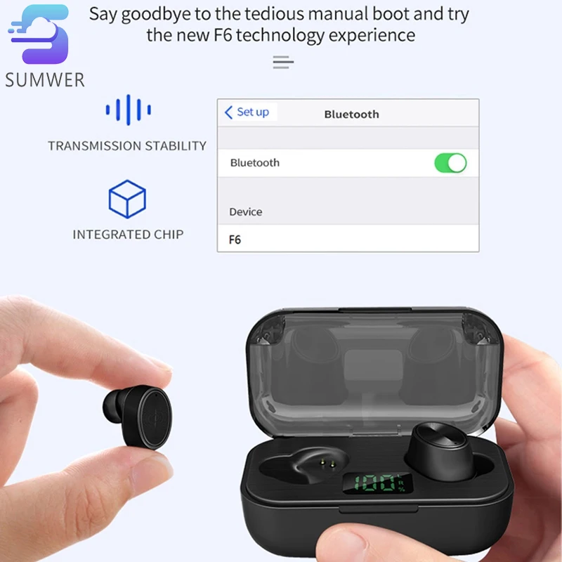 F6 5 0Bluetooth headset 2000Mah in Earphones LED Power Display tws wireless Headphones Super Bass Stereo In ear handfree earbud